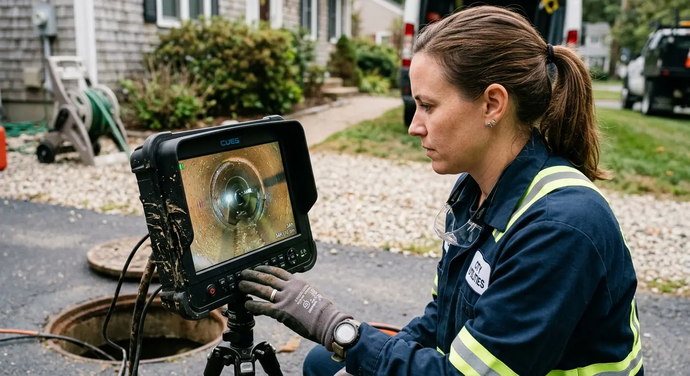 Technician reviewing sewer camera inspection footage in Toledo