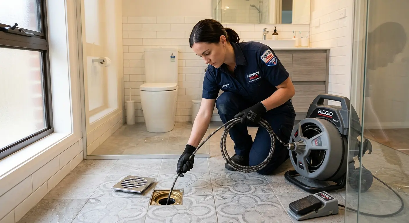 Technician clearing a bathroom floor drain for Drain Repair in Toledo